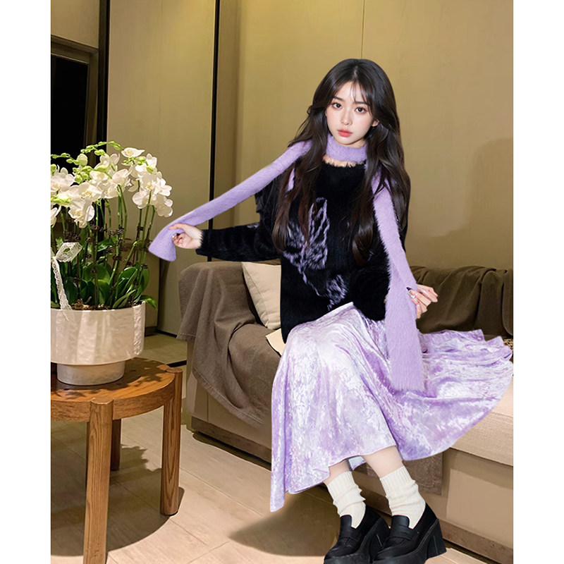 初春新款慵懒风水貂绒宽松黑色毛衣+流光紫丝绒半身长裙两件套女