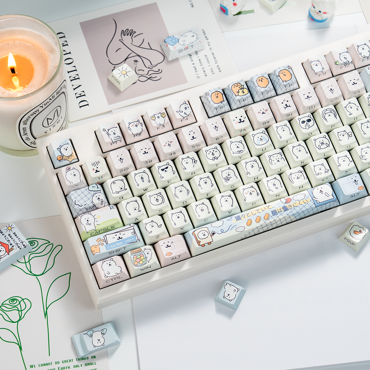 自嘲熊原厂高度侧刻透光键帽女生可爱pbt热升华适配hi75 68 98等