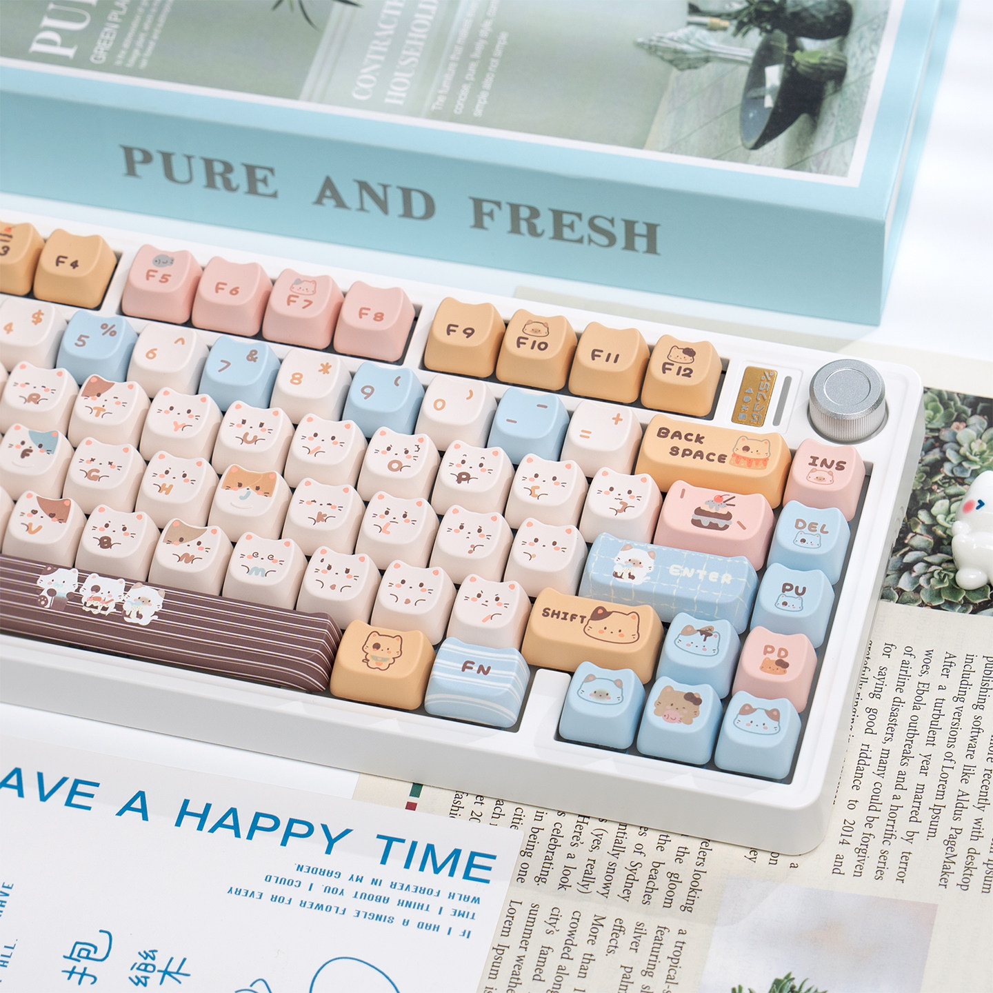 漫步猫BJ75三模无线蓝牙有线机械键盘可爱游戏办公静音麻将音旋钮