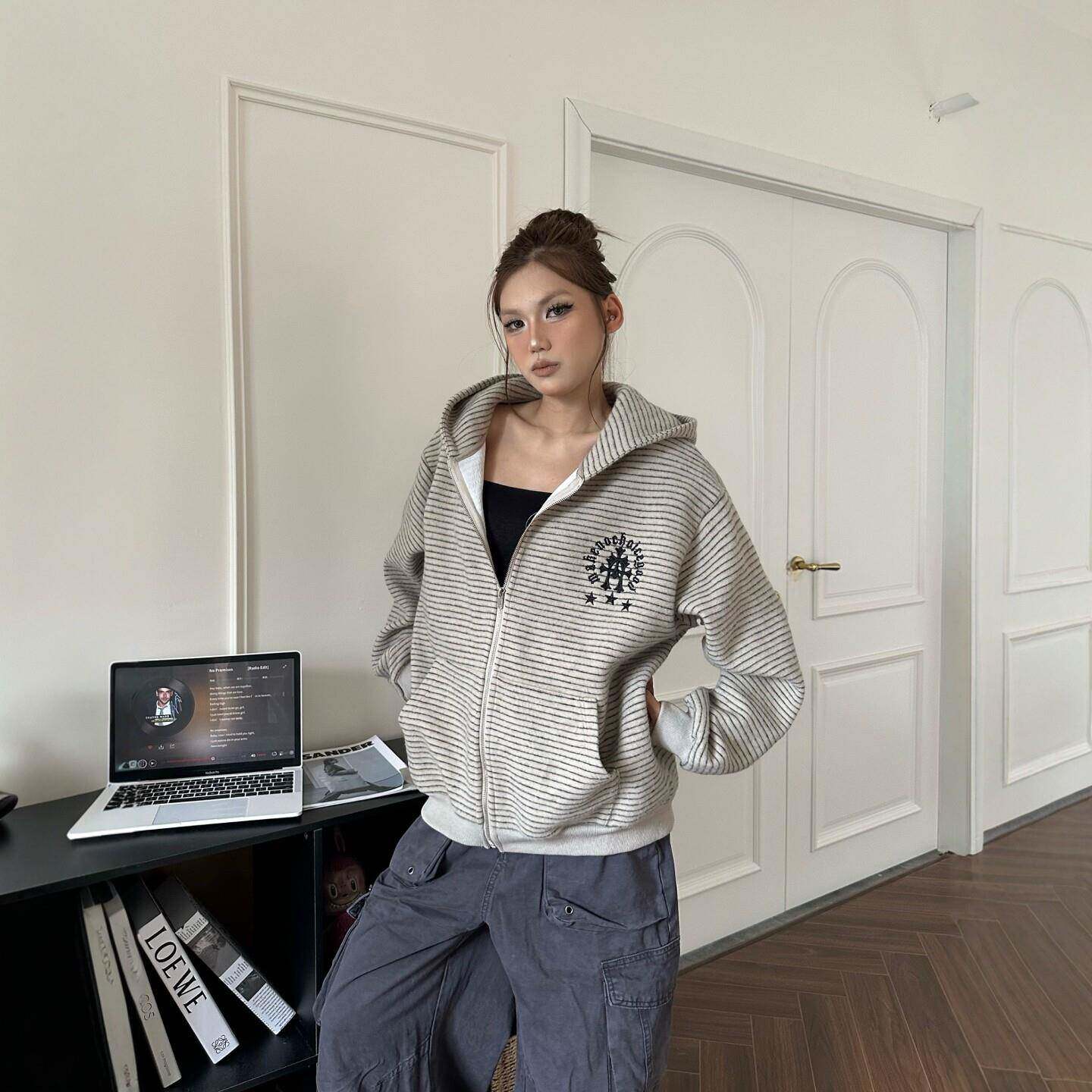 DHSS美式复古条纹毛呢开衫连帽卫衣男女宽松新款情侣百搭拉链外套