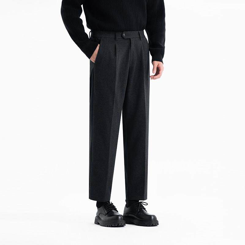 秋冬新款松紧腰男士直筒毛呢裤子加厚韩版商务免熨烫休闲 裤九分