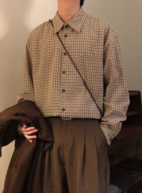 NAGAWL2025春日系覆古学院风卡其色格子休闲百搭长袖衬衫上衣男潮