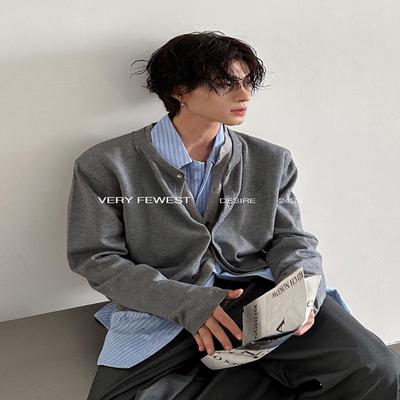 VERY FEWEST 时髦假两件撞色拼接针织衫男女秋季慵懒短款开衫毛衣