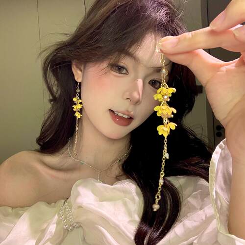 绝美黄色桂花流苏耳环女