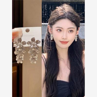 鎏金金色花朵耳环女流苏长款耳夹