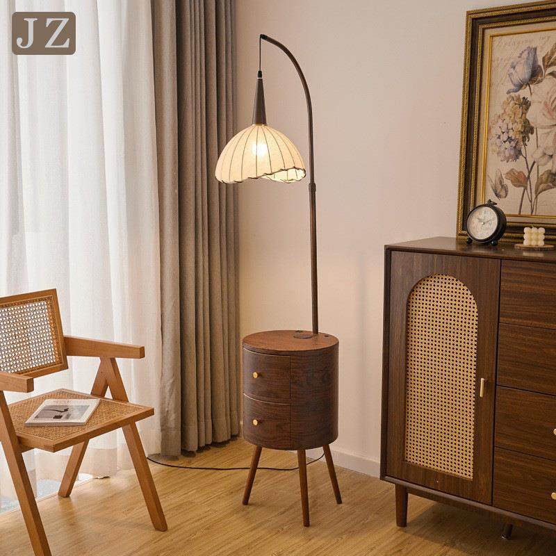 客厅沙发边几边柜落地灯多功能柜子角几侧柜中古风置物架一体台灯