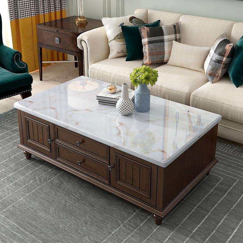 伊久美式乡村大理石茶几电视柜组合全实木小户型储物茶桌客厅家具