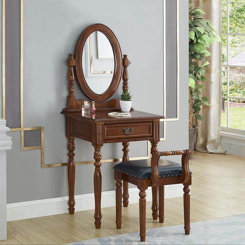 美式乡村实木梳妆台 简约卧室小户型欧式复古深色迷你小化妆桌