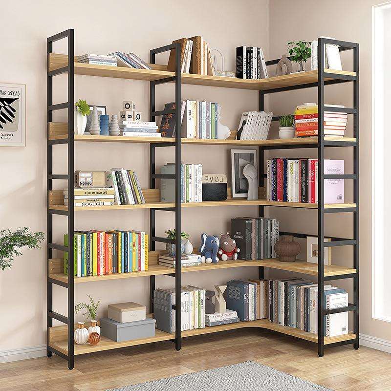 转角书架置物架钢木黑胡桃木落地多层简易货架客厅玩具收纳展示架