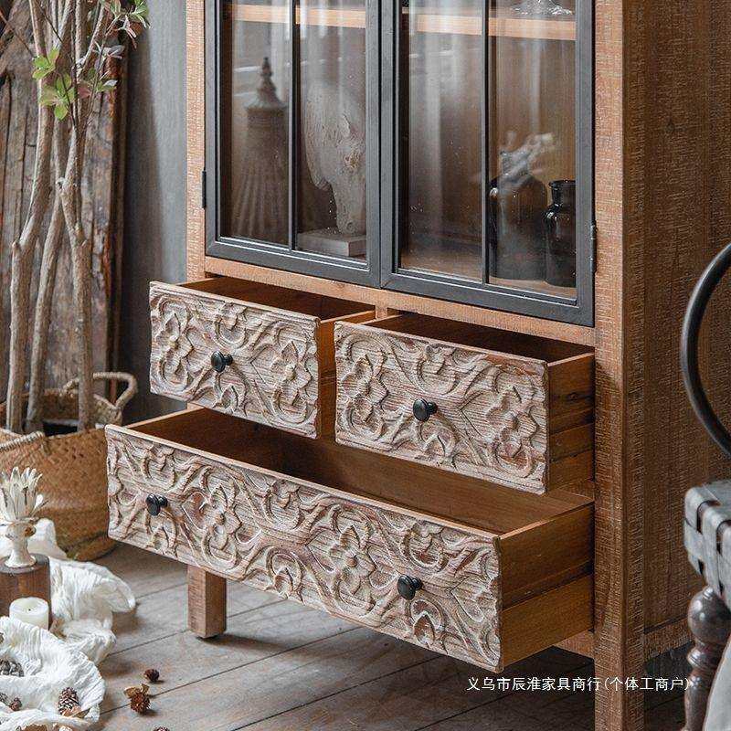 工业风复古雕花实木玻璃间厅柜过道储物柜隔断民宿酒店靠墙玄关柜