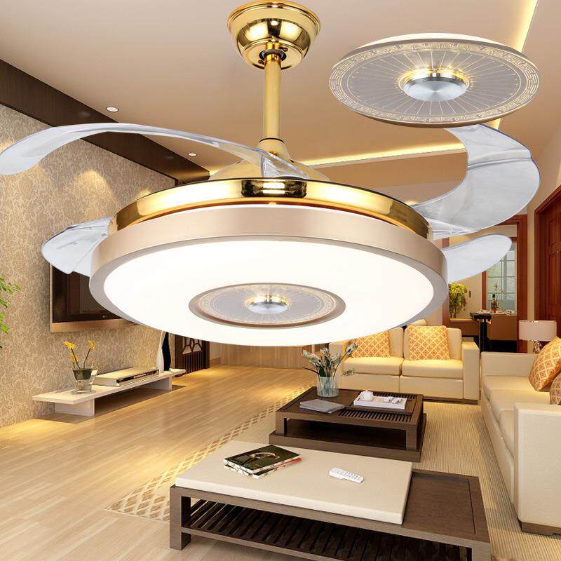 隐形风扇灯LED吊扇灯客厅欧式带灯风扇家用餐厅水晶变光风扇吊灯