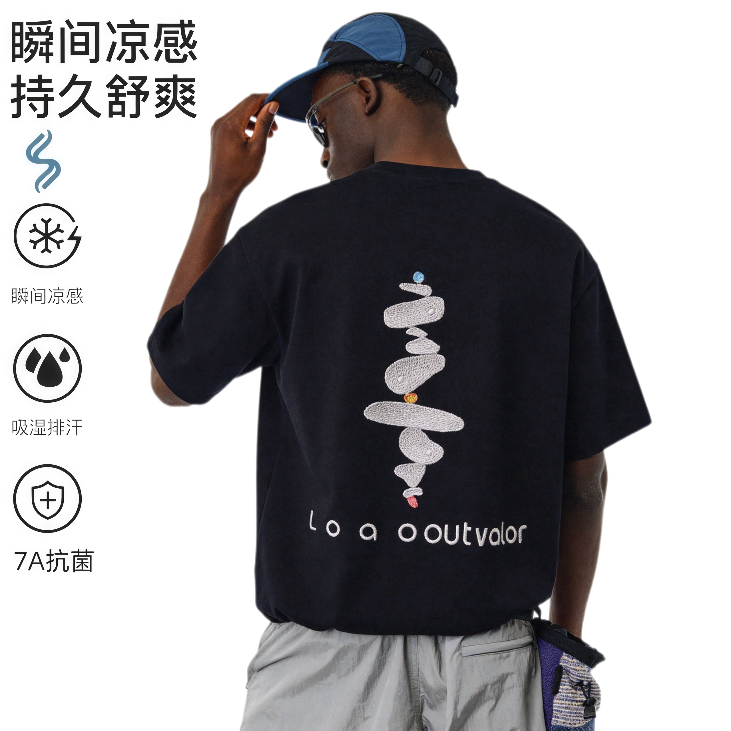 夏季凉感吸湿速干7A抗菌户外运动t恤 夏季圆领攀岩石印花情侣短袖