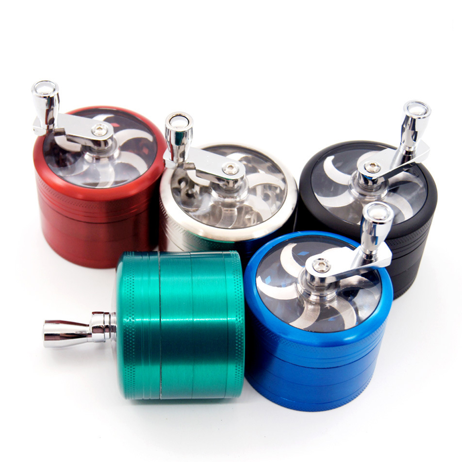 跨境电商现货热销 锌合金手柄摇研磨烟器直径55mm4层6个色Grinder