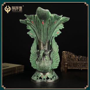 古青铜摆件青铜双凤杯酒樽吉祥鸟尊花瓶古玩装饰工艺品花插笔筒