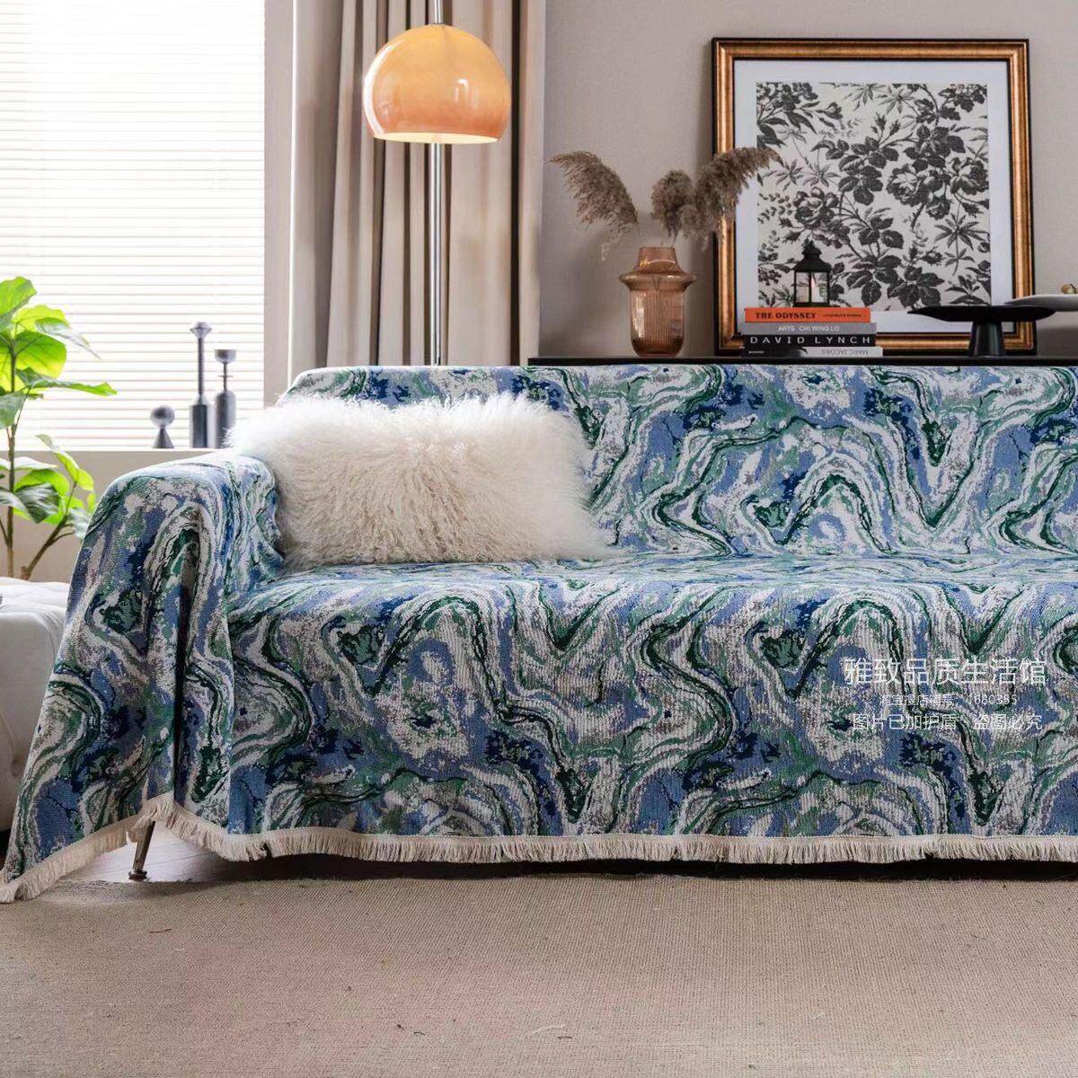 欧式轻奢新中式蓝绿水墨棉麻风全包组合防尘沙发罩巾装饰盖布桌布