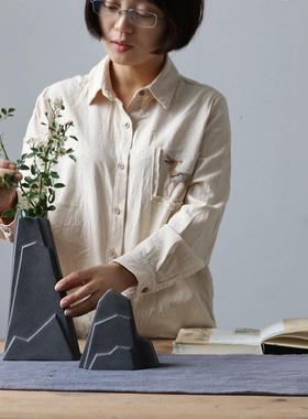 民宿侘寂风陶瓷假山现代家居书房装饰工艺品创意花器中式禅意摆件