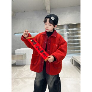 法国BADNUT男童秋冬外套2026新款儿童夹棉加厚大童红色本命年上衣