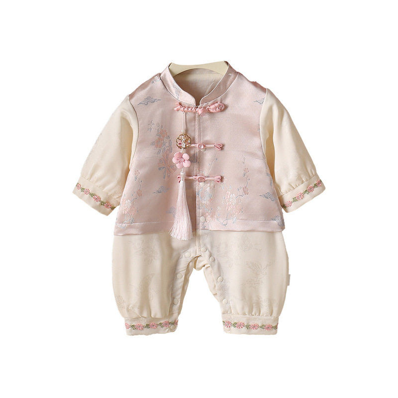 英国netx koko婴儿衣服秋女宝宝国风假两件碎花复古盘扣周岁礼服