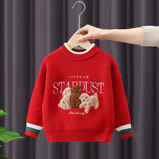 英国DHWA男童红色毛衣冬装新款时髦儿童过年喜庆宝宝冬款织针衫