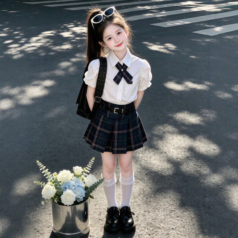 法国BADNUT女童2026新款夏季学院风女孩格子百褶裙JK制服两件套装