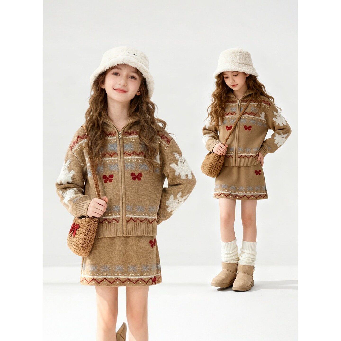 法国BADNUT女童2026冬季毛衣套装新款加厚保暖圣诞印花半身裙套装