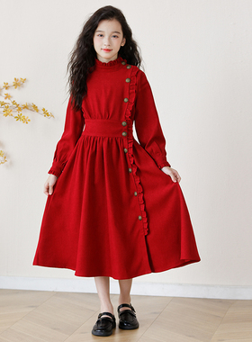 英国netx ttat女童灯芯绒连衣裙秋冬2024儿童洋气红色加绒公主裙