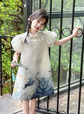netx LONG女童连衣裙夏装2024新款女大童泡泡袖中国风荷花中长裙
