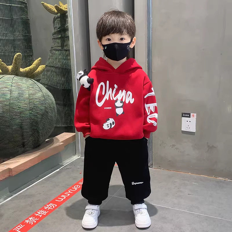 英国DHWA男童加绒套装洋气儿童装宝宝卡通卫衣秋冬款炸街连帽衣服