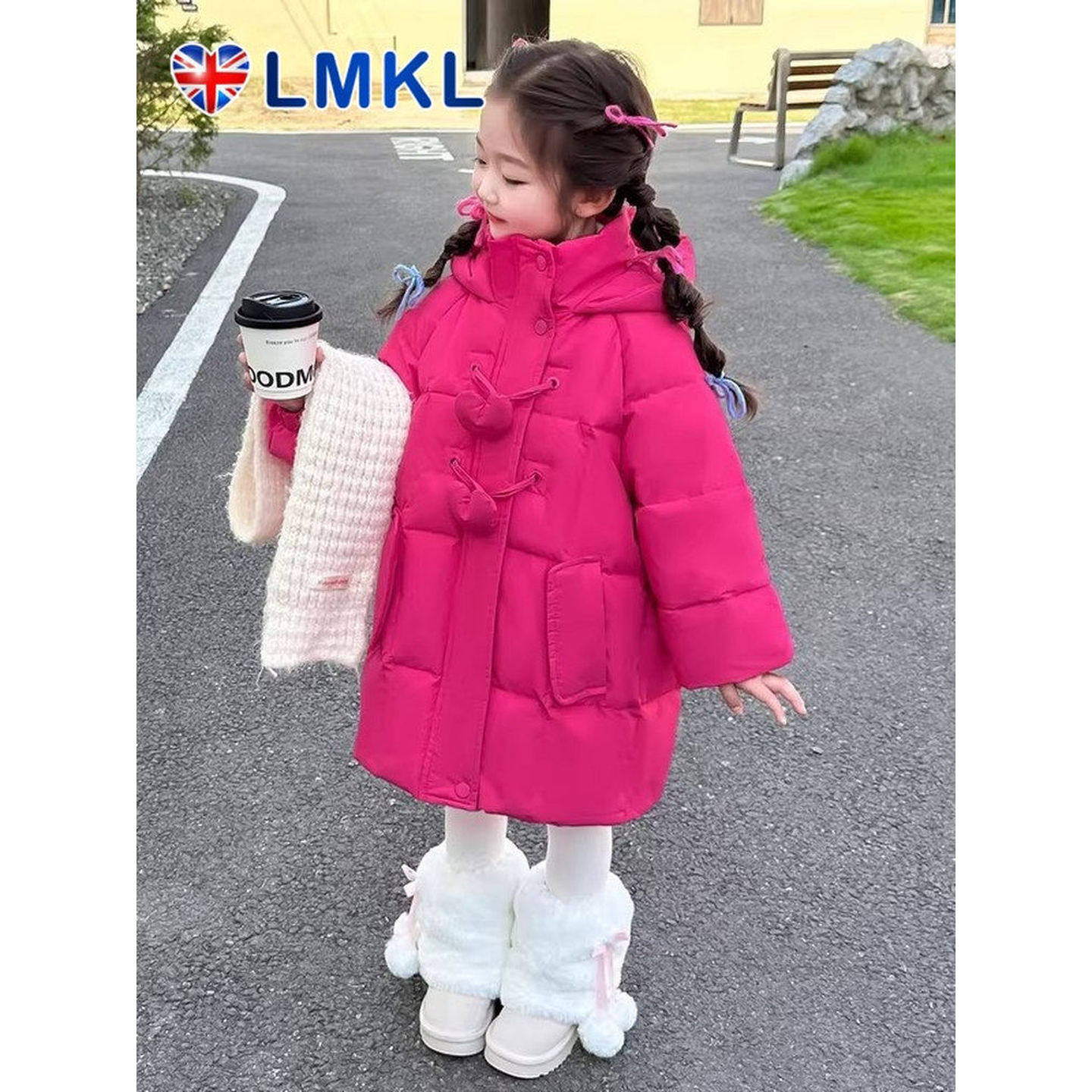 英国LMKL女童红色羽绒服2026新款冬儿童加厚中长款白鸭绒连帽外套