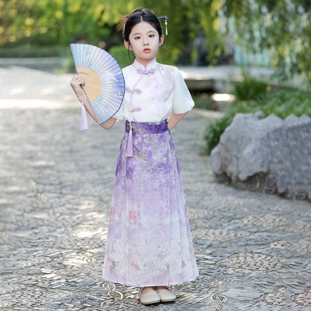 女童2026夏季新款中国风马面裙汉服中大童套装新中式唐装女童套装
