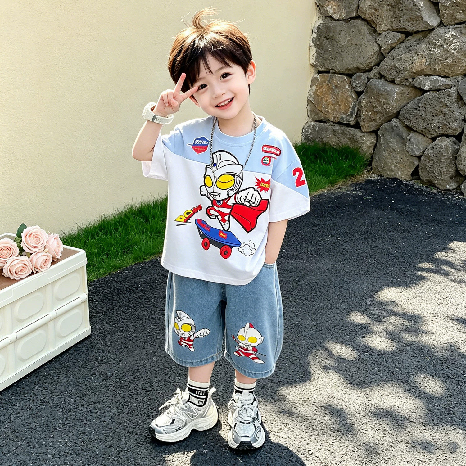 英国DHWA奥特曼男童套装夏季儿童短袖牛仔裤宝宝酷帅洋气夏装衣服