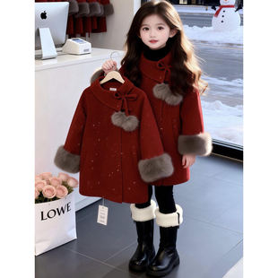 英国LMKL女童红色拜年服外套冬季2026新款儿童女孩中长款毛呢大衣