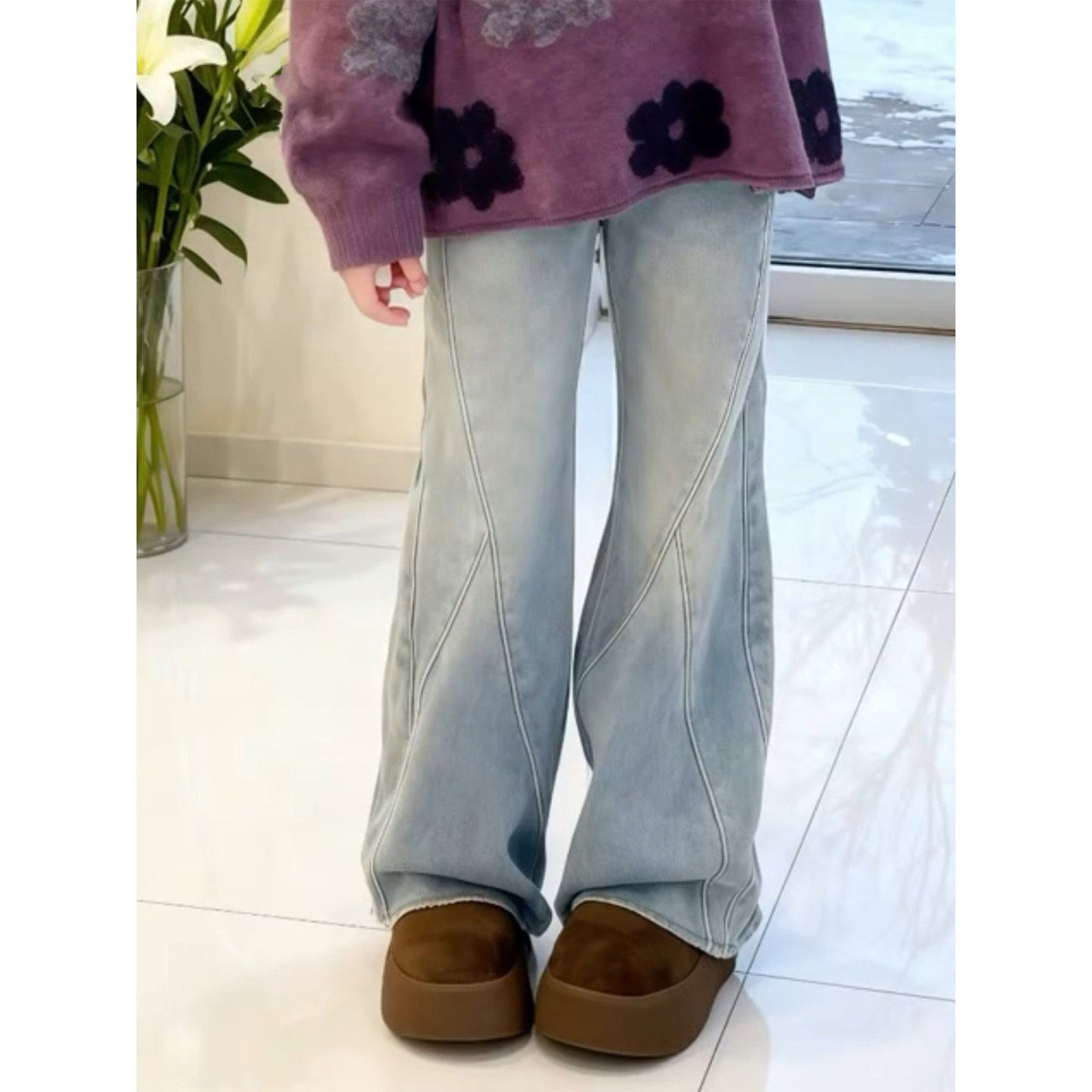 法国BADNUT女童加绒裤子秋冬2026新款喇叭裤儿童加厚一体绒牛仔裤