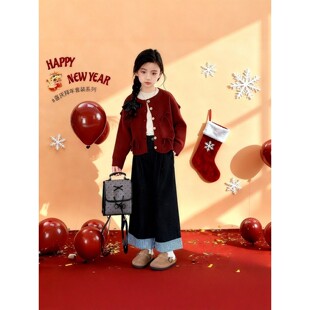 法国BADNUT女童套装秋冬2026新款儿童拜年服中大童红色毛衣两件套