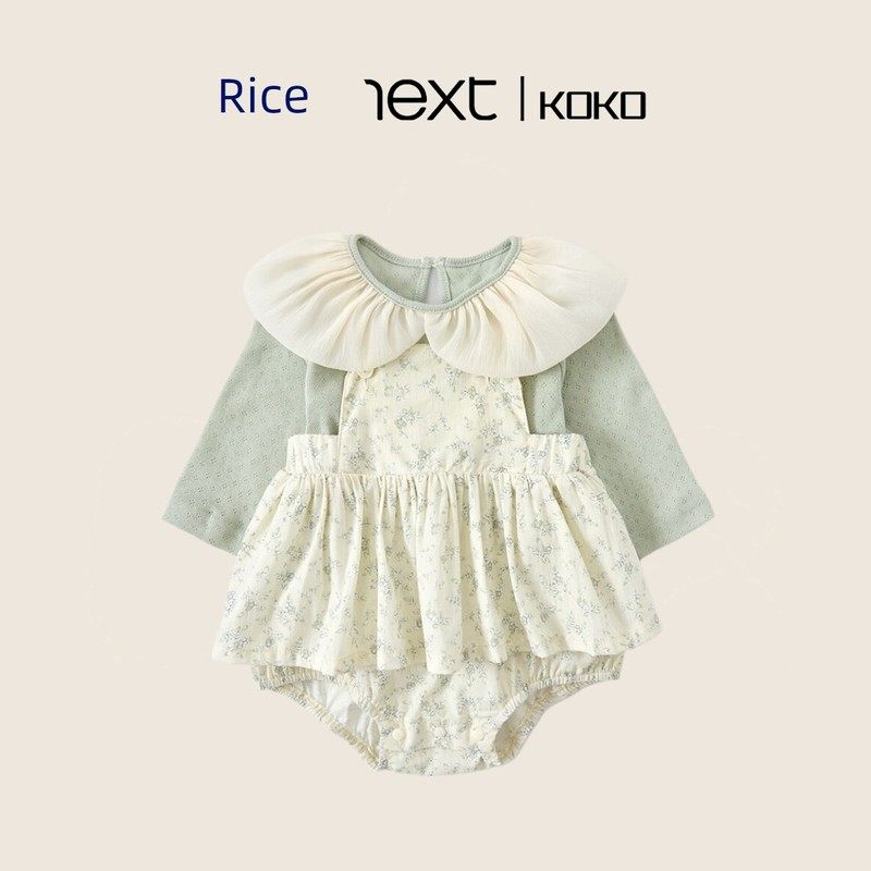 英国netx koko婴儿衣服春秋女宝宝甜美荷叶领碎花背带裤外出套装