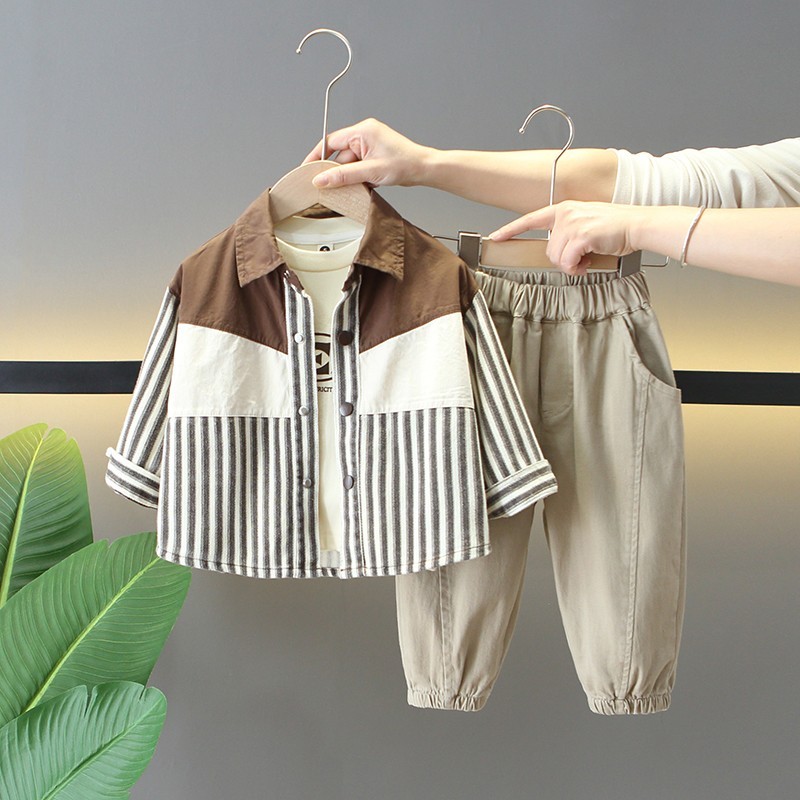 英国NextRoad儿童春季新款洋气套装男宝宝酷帅韩版衬衣外套三件套