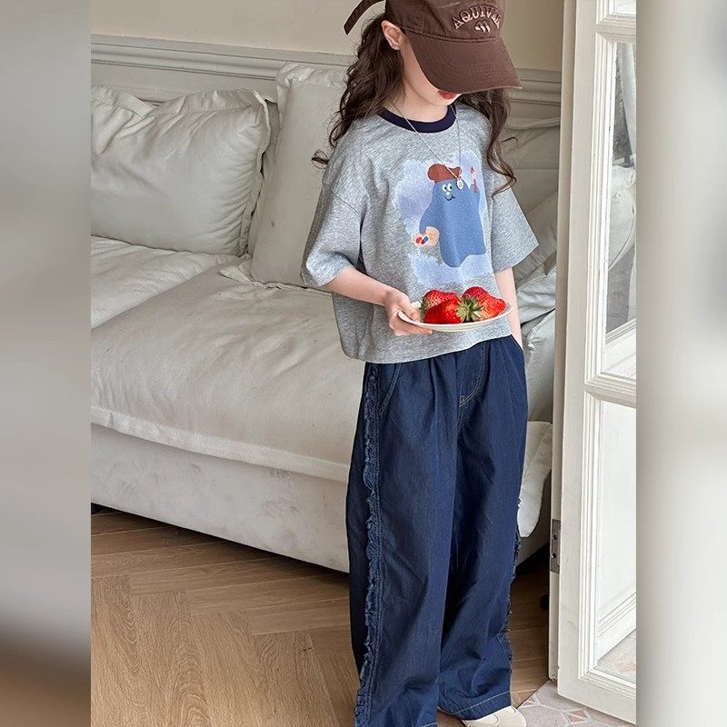 netx Alice女童短款T恤2025夏季新款休闲洋气卡通短袖牛仔裤套装