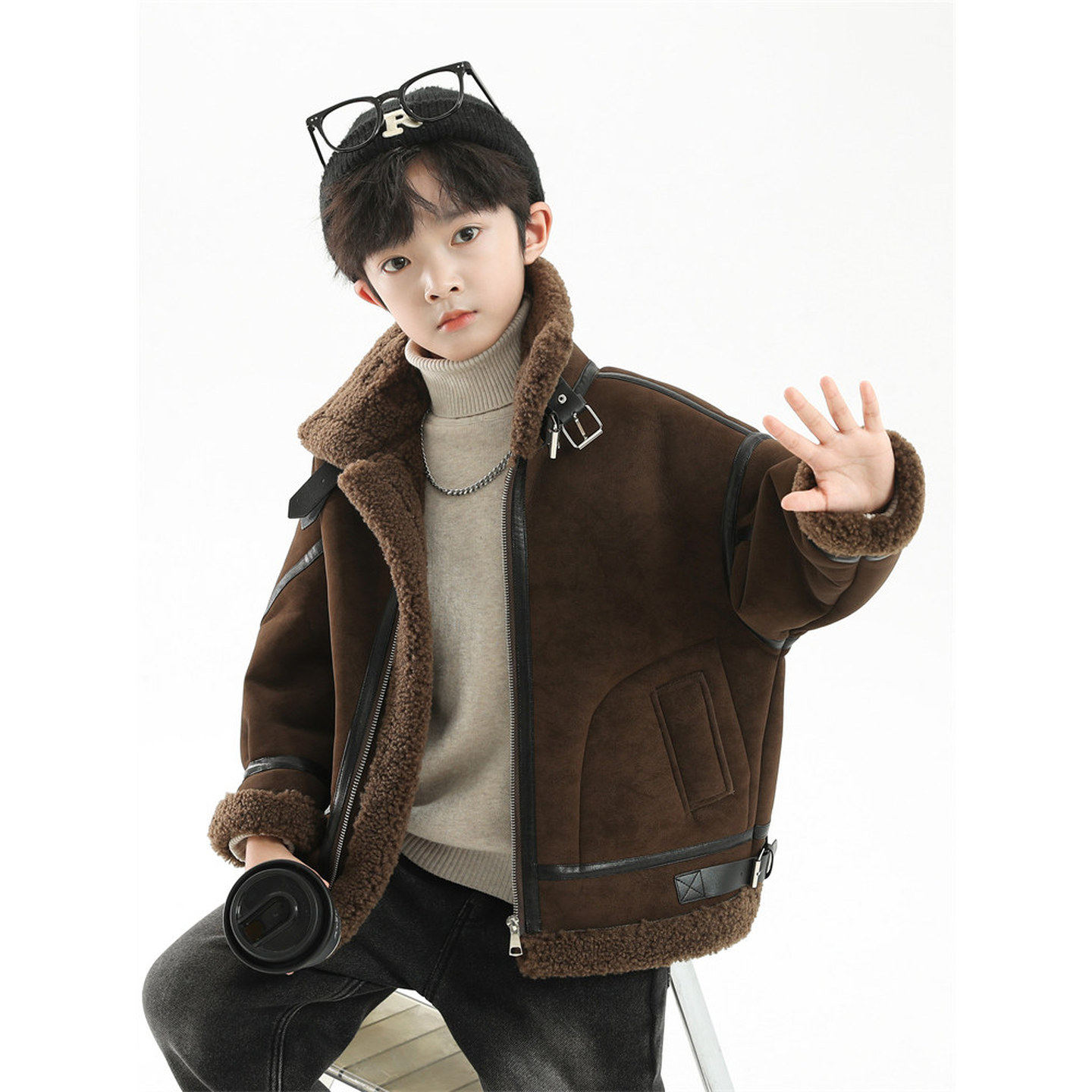 法国BADNUT男童秋冬外套2025新款儿童加绒加厚中大童皮衣一体夹克