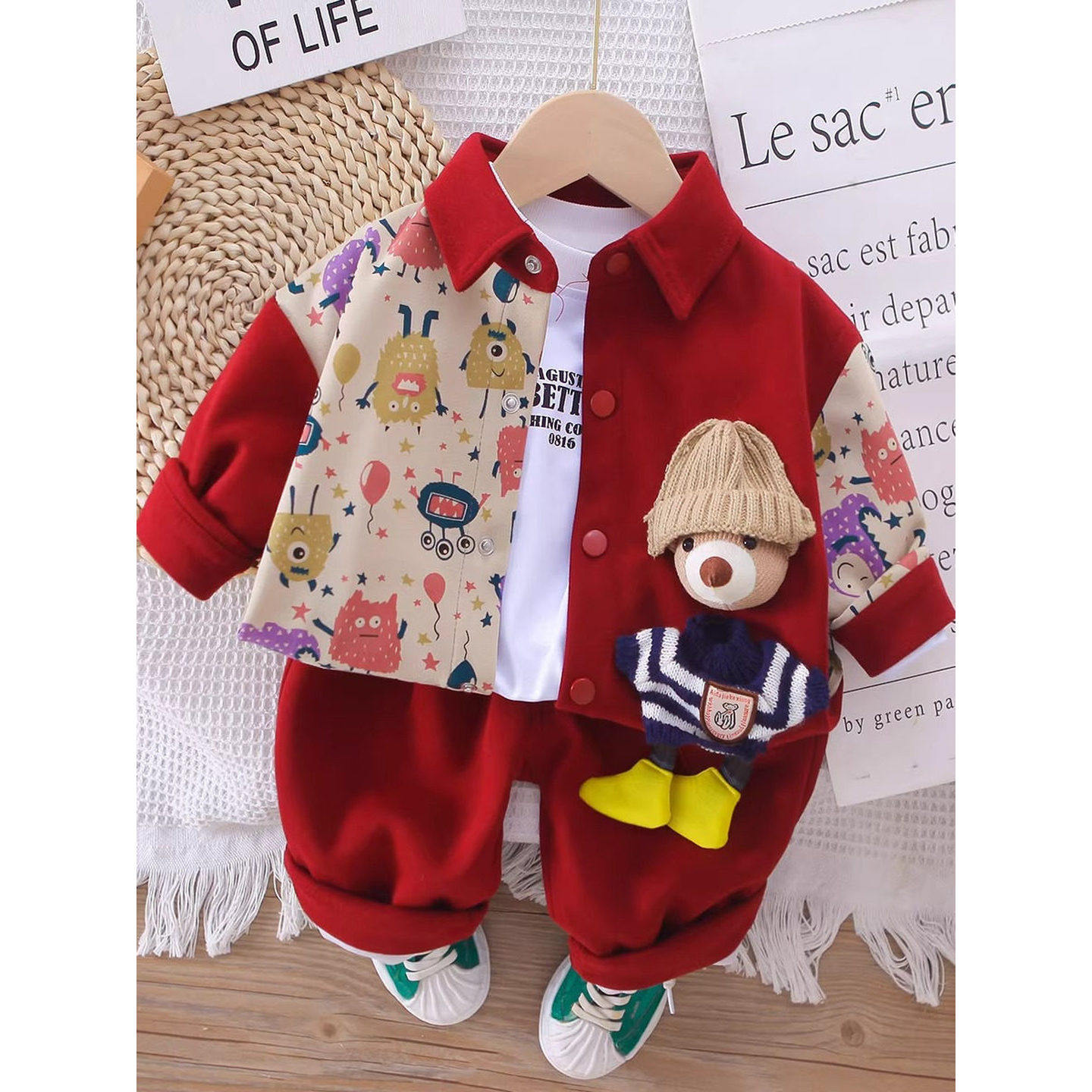 法国BADNUT男童套装2026春秋新款洋气宝宝夹克衬衫长袖三件套