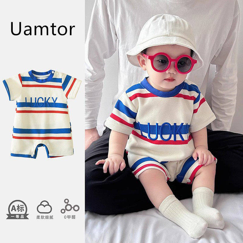 韩国Uamtor婴儿连体衣夏装新款衣服洋气条纹满月夏天短袖外出爬服