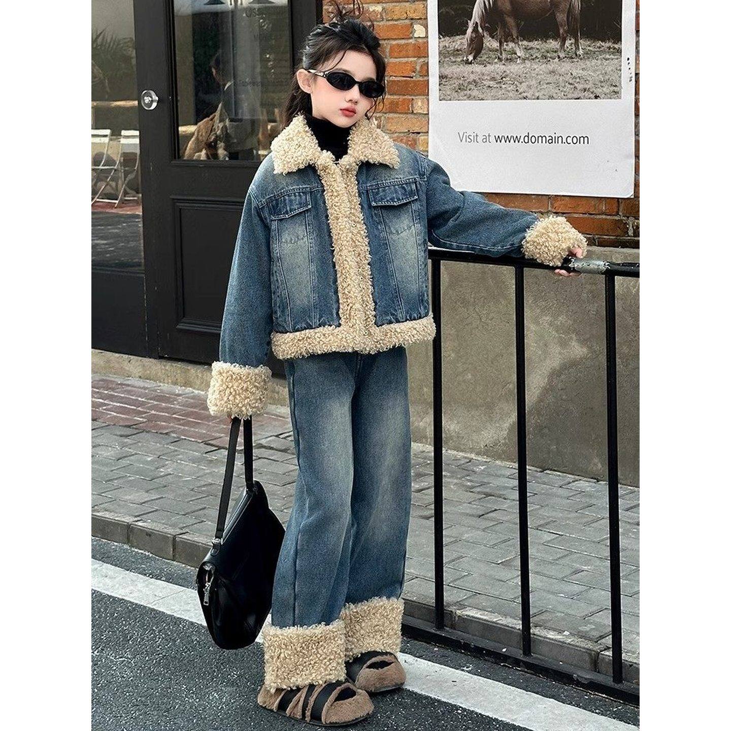 英国MDCW女童加绒加厚牛仔套装2025秋冬新款儿童外套两件套