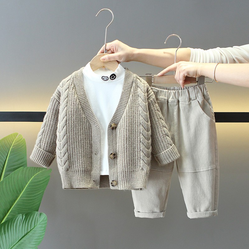 英国NextRoad儿童春季新款洋气套装男宝宝针织毛衣外套酷帅三件套