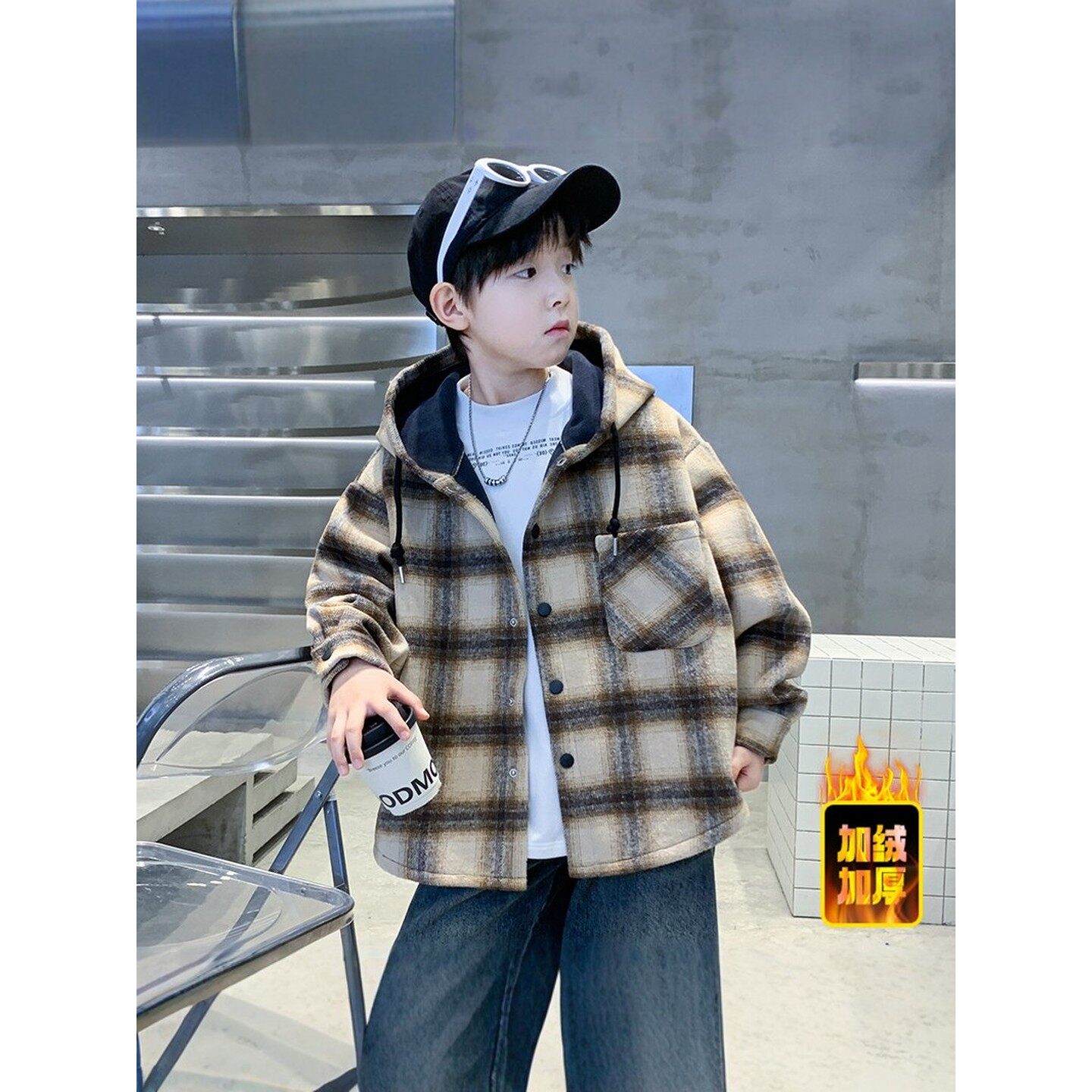 法国BADNUT男童秋冬外套2025新款儿童潮流加绒加厚中大童连帽衬衫