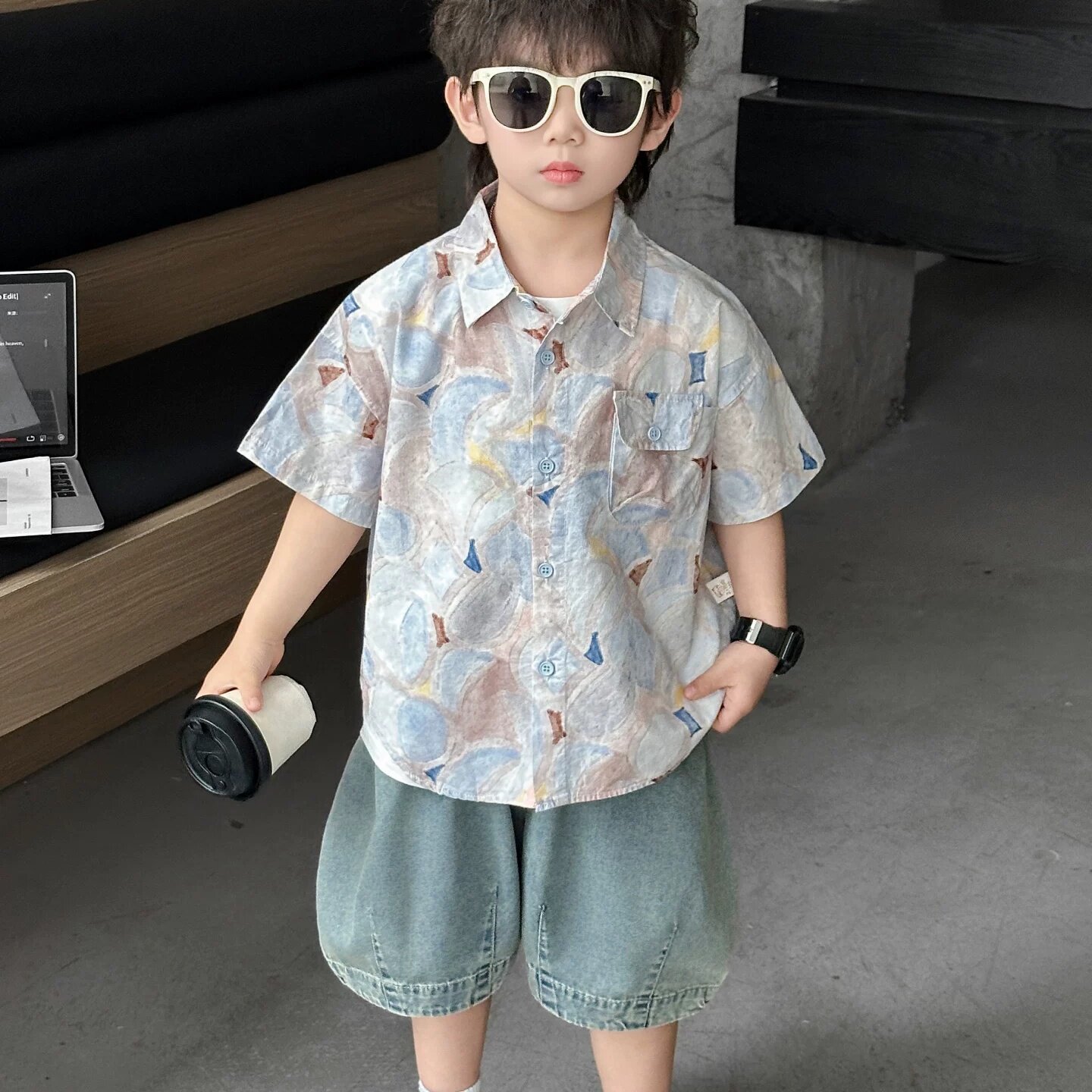 英国DHWA男童夏款衬衫套装2026新款酷帅短袖两件套儿童时髦衣服