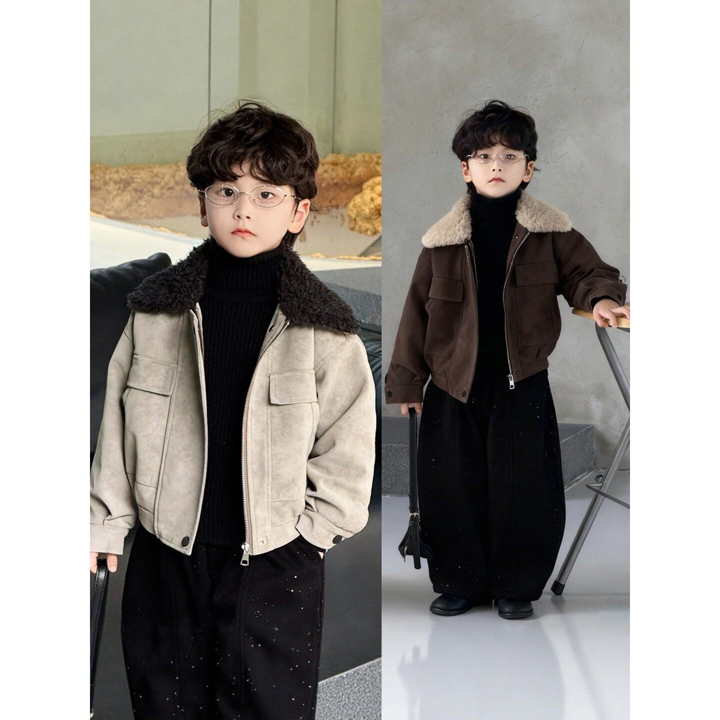 法国BADNUT男童外套秋冬新款儿童港风皮衣宝宝加厚加绒棉衣皮夹克