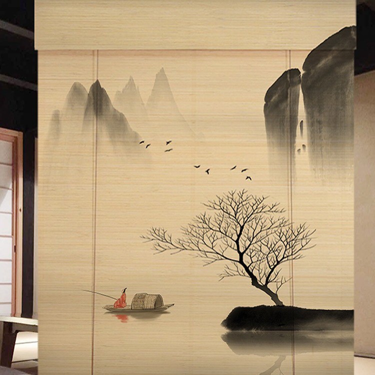 竹帘窗帘卷帘家用山水印花中式复古禅意日式遮光隔断门帘升降帘子