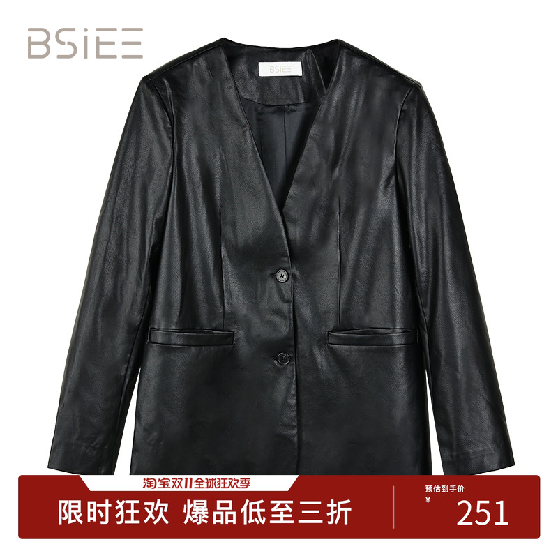 BSiEE本涩V领系带外套2025年秋冬高级感廓形西装皮衣外套女
