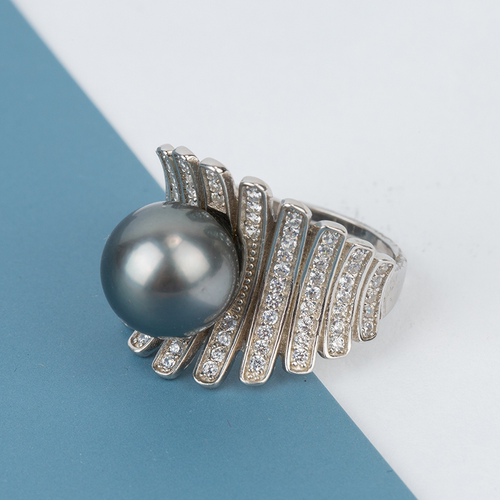 MUIN 9-10mm正圆海水珍珠开口戒指S925银豪镶轻奢开口可调节