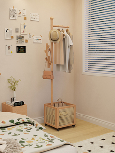 希音实木藤编衣架落地衣帽架卧室家用脏衣篓置物架可移动挂衣架