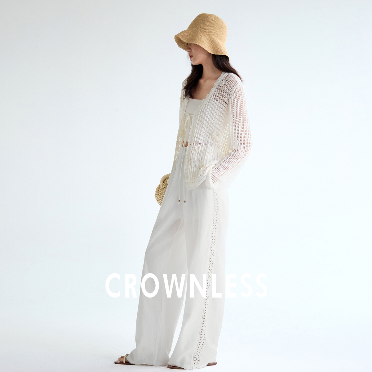 亚麻25秋新艺术感侧缝镂空休闲裤